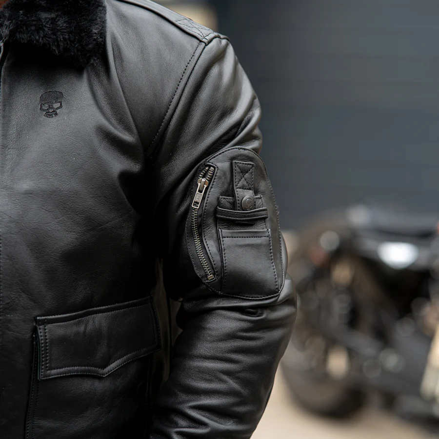 Leather Motorcycle Jacket Protective Bomber Black | Armored AAA - Image 4
